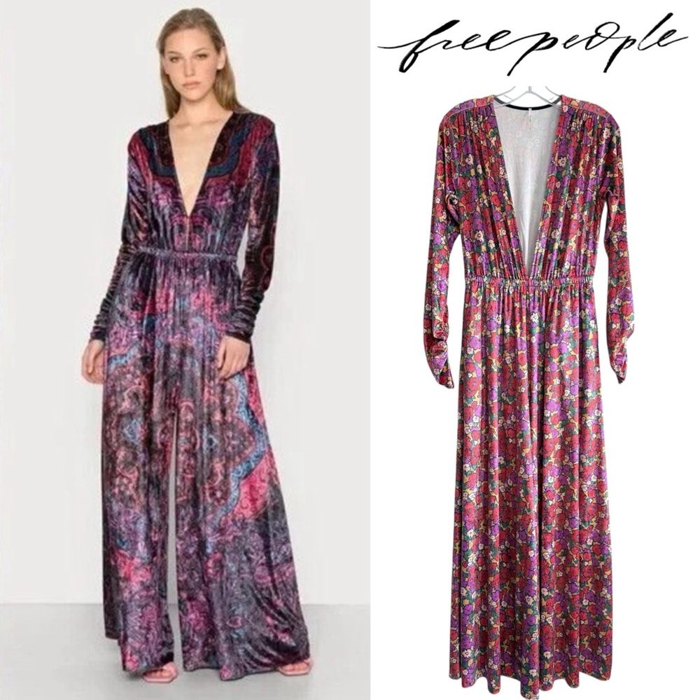 Free People Giselle Velvet Billowy Wide Leg Jumpsuit Deep V Neck Floral Print S - Picture 3 of 16